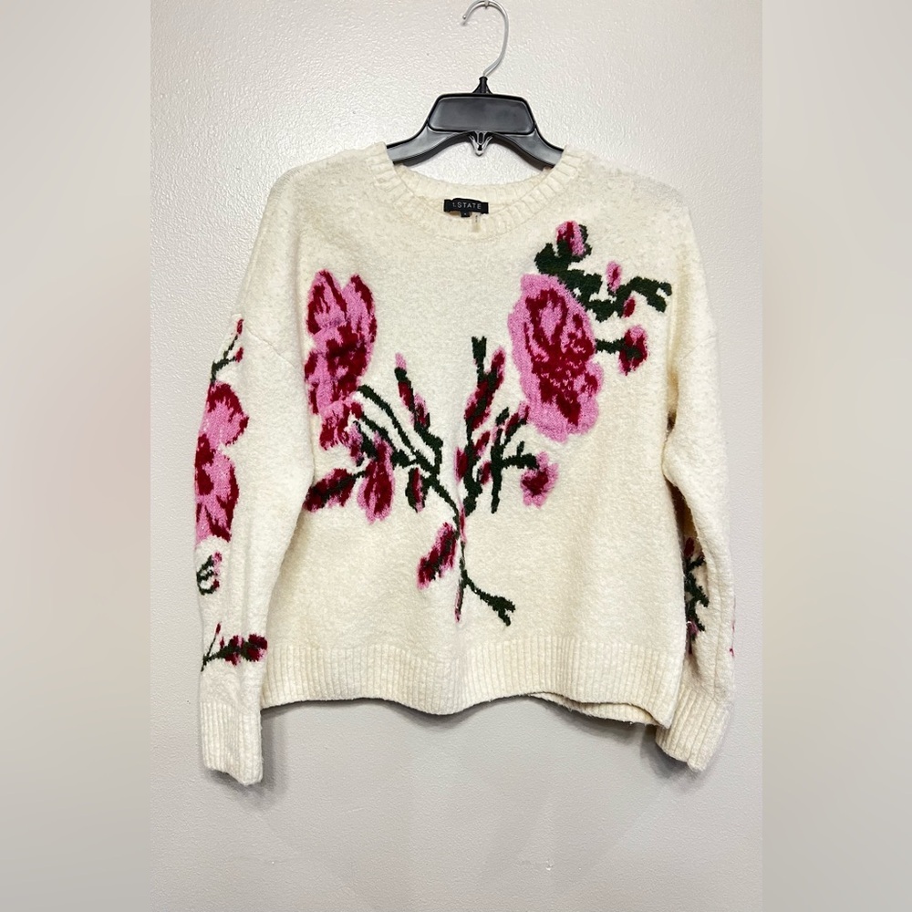 1. State Women's Cream With Pink Floral Accents Crewneck Sweater Size Small Rose